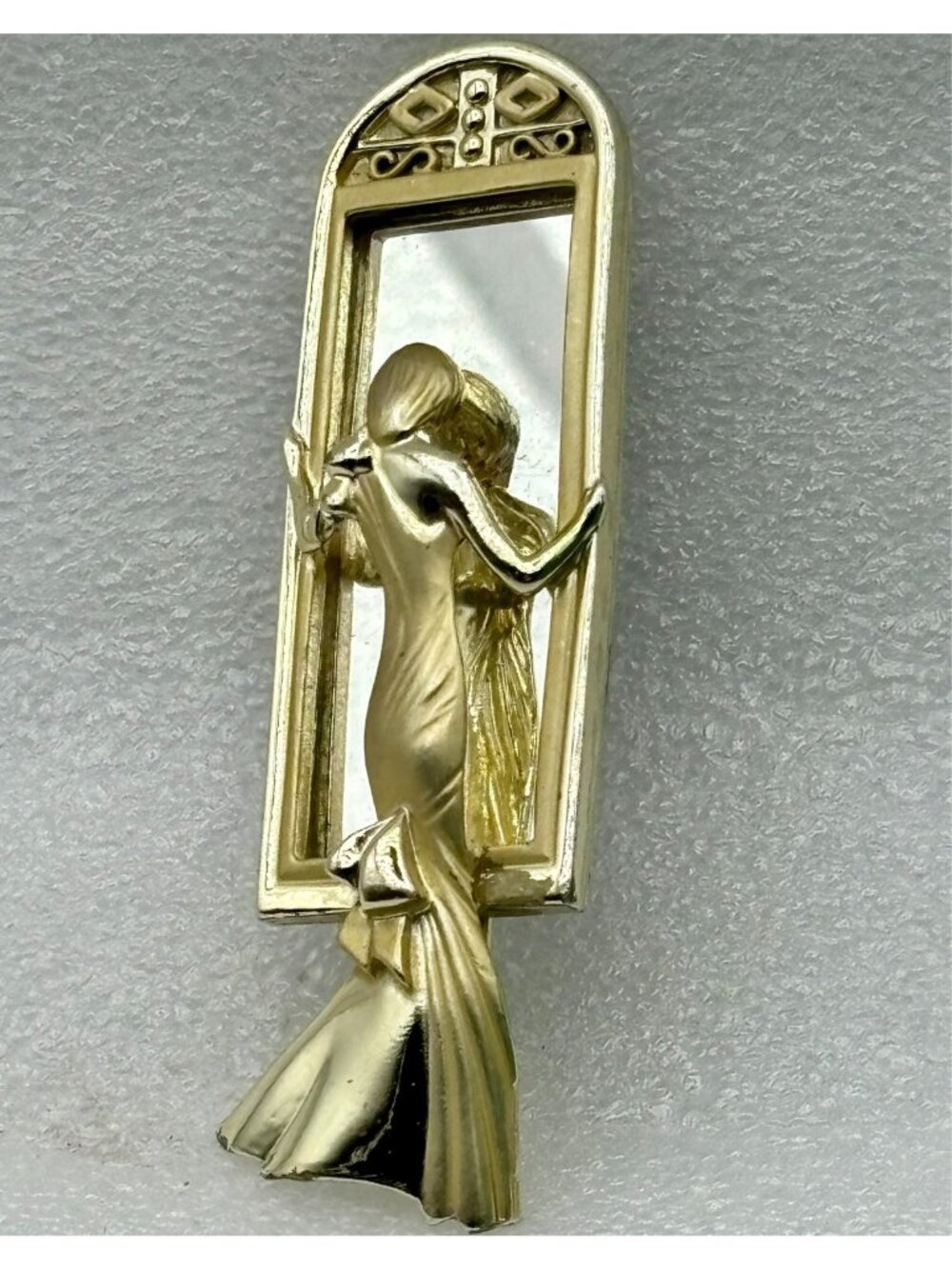 1980s 3D AJC Lady In Mirror Brooch Gold Tone - Signed